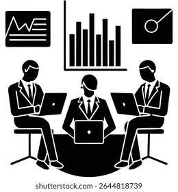This black and white glyph depicts three business professionals seated at a table, reviewing laptop data along with financial analysis and reporting graphs.