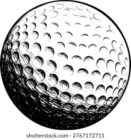 This black and white golf ball vector illustration features a unique grunge texture, perfect for sports, recreation, and design projects requiring a vintage or distressed aesthetic.