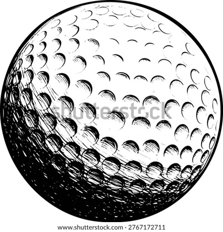 This black and white golf ball vector illustration features a unique grunge texture, perfect for sports, recreation, and design projects requiring a vintage or distressed aesthetic.