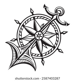 This black and white graphic design showcases a detailed compass rose intertwined with an anchor and a ship's wheel.