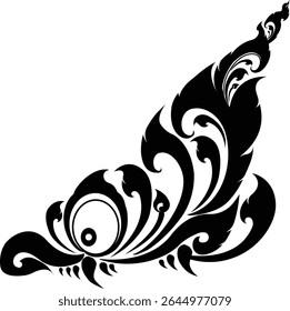 This is a black and white graphic design featuring intricate, stylized patterns. The dominant elements are flowing, organic shapes with sharp