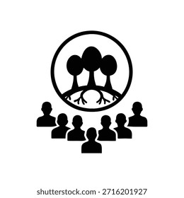 Este gráfico en blanco y negro presenta una representación estilizada de un grupo de personas de pie alrededor de un emblema circular. Dentro del círculo, se representan tres árboles siluetados con sistemas de raíces expuestos, que simbolizan el crecimiento, la naturaleza y la interconexión. Debajo del círculo, siete siluetas humanas están dispuestas en un semicírculo, lo que sugiere comunidad, colaboración o una reunión. La Imagen general transmite temas de unidad, conciencia ambiental y desarrollo colectivo.