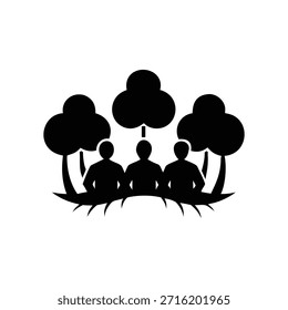 Este es un icono gráfico en blanco y negro que simboliza la comunidad y la naturaleza. Cuenta con tres figuras silueteadas de pie en una fila, con tres árboles estilizados detrás de ellos. Las figuras parecen estar conectadas o compartir un espacio común, posiblemente representando la unidad o el trabajo en equipo. Los árboles, con sus doseles redondeados, sugieren crecimiento, ambiente o un entorno natural. La composición general es simple pero impactante, transmitiendo un mensaje de armonía entre las personas y la naturaleza.