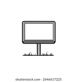Esta é uma ilustração gráfica em preto e branco de um sinal retangular em branco com uma borda espessa, montada em um poste curto com grama estilizada abaixo dele.