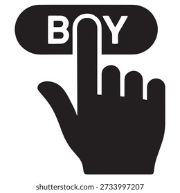 This is a black and white graphic illustration of a hand with its index finger extended, poised to press a large, oval-shaped button. The button has the word 'BUY' printed in large white capital letters across it. The image symbolizes making a purchase or clicking a buy button online.