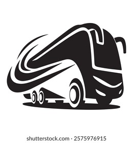 This is a black and white graphic of a stylized bus, suitable for use as a logo, icon, or other design element related to transportation or travel.