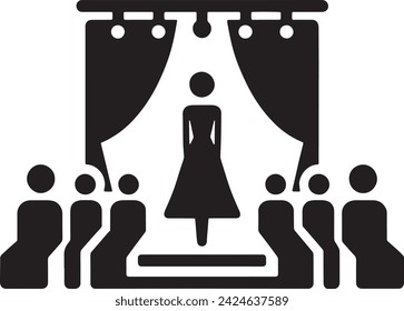 This black and white icon captures the essence of a fashion show with an audience silhouette focusing on a model on the runway. 