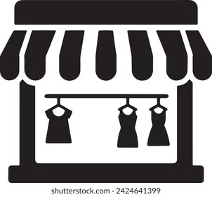 This black and white icon depicts a stylish clothing store front, complete with an awning and a display of various garments.