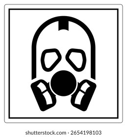 This black and white icon depicts a gas mask symbol featuring prominent filters and lenses, representing safety and protection against hazardous environments.