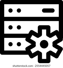 This black and white icon features a server with a gear symbol, perfect for illustrating IT setup, data management, and technology customization. Its clean design is ideal for professional use.