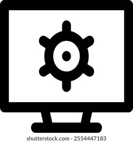 This black and white icon features a computer monitor with a gear, ideal for illustrating software settings, IT management, and technology customization. Perfect for professional and digital projects.