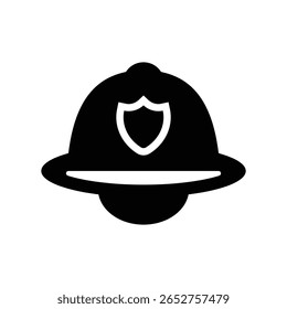 This black and white icon features a police hat adorned with a shield, representing law enforcement. Ideal for legal themes, security concepts, and professional services.