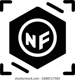This black and white icon features a hexagon with the letters NF inside a circle. It represents non-fungible tokens and the digital asset revolution.