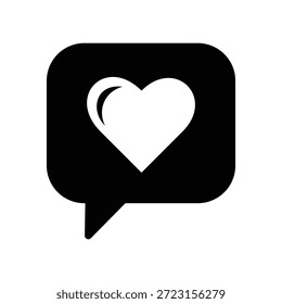 Este ícone preto e branco apresenta uma bolha de fala com um coração branco, simbolizando uma mensagem curtida ou uma declaração de amor.