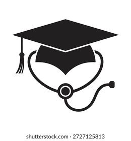 Este ícone preto e branco apresenta um clássico boné de graduação, também conhecido como um mortarboard, completo com uma borla pendurada de seu lado. Abaixo da tampa, um estetoscópio é elegantemente drapeado, com seus tubos de ouvido formando uma forma que cobre a parte inferior da tampa. A peça torácica do estetoscópio é visível no centro inferior. Este design minimalista simboliza efetivamente a interseção da educação e da medicina, representando estudantes de medicina, graduados, médicos, educação em saúde ou uma carreira no campo da medicina. É adequado para instituições acadêmicas, escolas médicas, programas de saúde ou qualquer conteúdo relacionado a realizações médicas e aprendizagem.