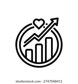This is a black and white icon representing a financial or business concept. The central element is a line graph with bars of increasing height, indicating a positive trend or growth. An arrow points upwards along the line, further emphasizing progress. Above the graph, a heart symbol is placed, suggesting that this growth is related to health, well-being, or perhaps customer satisfaction. The entire graphic is enclosed within a circle, which can symbolize completeness, a cycle, or a holistic approach. The style is minimalist and modern, suitable for use in presentations, websites, or infographics related to business, finance, health, or personal development.