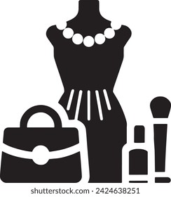 This black and white icon set features a stylish dress on a mannequin, accompanied by a classic handbag and a set of cosmetics, embodying a complete and fashionable look. 