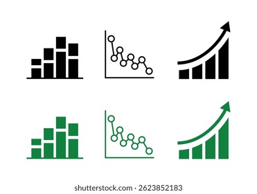 This black and white icon set includes a grouped bar chart, team hierarchy chart, and growth bar graph, perfect for presentations, infographics, UI design, and business dashboards.
