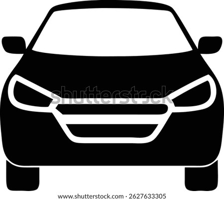 This black and white icon shows the front view of a car, with easily recognizable features such as headlights, grill, hood and wheels, set against a bright, clean backdrop.