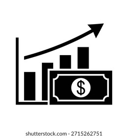 Este icono en blanco y negro representa visualmente el crecimiento financiero y el éxito empresarial. La Imagen presenta un gráfico de barras con altura creciente, que simboliza una mejora constante a lo largo del tiempo. Un gráfico de líneas de tendencia ascendente adicional con una flecha refuerza el concepto de una trayectoria positiva. Un ícono de billete de dólar, que se muestra de manera prominente, significa el aspecto financiero, vinculando el crecimiento directamente con las ganancias, los ingresos o los retornos de inversión. Esta Imagen es adecuada para temas relacionados con la economía, la inversión, las ganancias y los logros financieros.