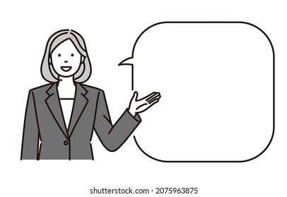 This is a black and white illustration of a businesswoman giving an explanation.It is a vector data which is easy to edit.