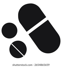 This is a black and white illustration of a capsule and two round pills, one with a line.