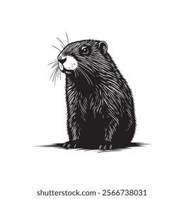 This black and white illustration depicts a marmot standing upright. The detailed line work highlights the texture of its fur and the expressive features of its face.