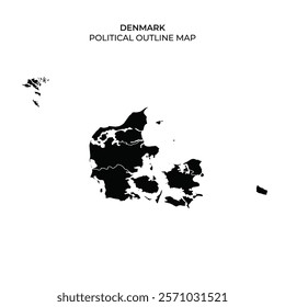 This black and white illustration depicts the political outline of Denmark, highlighting its geographic features and territories without additional details. Ideal for educational purposes.