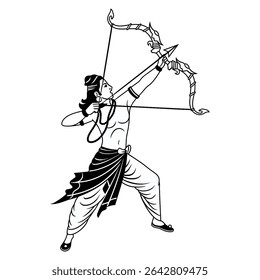 This black and white illustration depicts Lord Rama, a revered figure from the Indian epic Ramayana, poised with his intricately designed bow and arrow in a graceful warrior stance