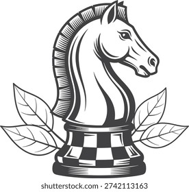 This black and white illustration depicts a stylized vintage chess knight piece. The design features a detailed horse head and flowing mane rendered with line art and hatching for depth. The base of the knight piece incorporates a checkered pattern reminiscent of a chessboard. Surrounding the base are simple outlines of leaves, adding a natural and growth-oriented element to the classic game piece. The overall aesthetic is clean, sharp, and retro, suitable for a logo or graphic design element related to strategy and nature.