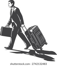 This black and white illustration depicts a well-dressed man, likely a businessman, walking confidently while managing two pieces of luggage. He holds a briefcase in one hand and pulls a rolling suitcase with the other. The image conveys a sense of business travel, commuting, or departure, suggesting movement towards a destination or a journey in progress. The stylized vector artwork emphasizes the subject's silhouette and form against a plain white background.