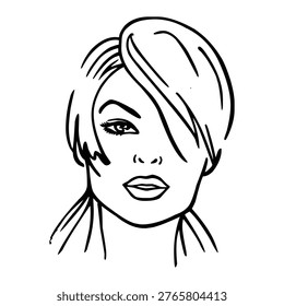 This black and white illustration depicts a stylish woman with a sophisticated side braided hairstyle that is swept back. She has bold, defined lips and a subtle hint of eye makeup, giving her a confident and chic appearance. The drawing focuses on her facial features, emphasizing her strong cheekbones and smooth skin texture.