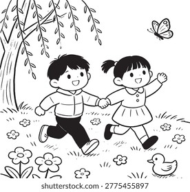 This black and white illustration depicts two children running and holding hands in a field of flowers, with a butterfly
