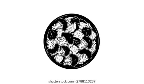 This black and white illustration depicts a plate overflowing with diverse vegetable florets, creating a visually striking and textured composition. high-quality professional