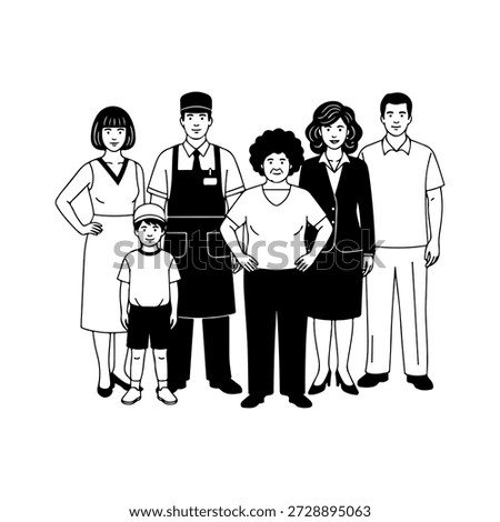 This black and white illustration depicts a group of seven individuals of varying ages, genders, and apparent professions standing side-by-side. From left to right, we see a woman in a dress, a young boy in a t-shirt and shorts, a man in an apron, a man with an afro, a woman in a suit, and another man in a collared shirt. Their stances are confident, suggesting a sense of togetherness and shared purpose. The simple line art style emphasizes the figures and their diversity, making it a versatile image for themes of community, teamwork, or social cohesion.