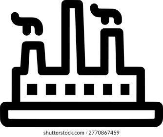 This is a black and white illustration of a factory with smokestacks emitting smoke. The image depicts a simple and modern industrial scene, with a focus on the factory's structure and its environmental impact. The illustration style is minimalistic, making it suitable for use as an icon, symbol, or logo. The image can be used to represent industry, manufacturing, and production in various contexts, such as business, economy, and environmental discussions.