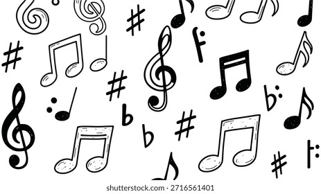 This black and white illustration features an array of musical notes and symbols swirling energetically to symbolize the lively world of music and sound. Perfect for music-themed projects, it
