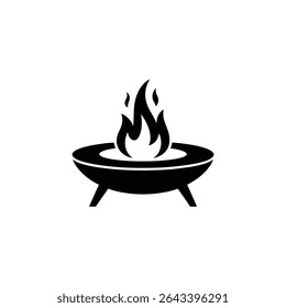 This is a black and white illustration of a fire pit with flames, suitable for camping, outdoor gatherings, and backyard bonfires. The fire pit stands on three legs.