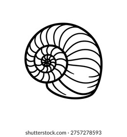 This is a black and white illustration of a nautilus shell, showcasing its spiral shape and intricate details. The illustration is set against a plain background, highlighting the beauty and simplicity of the nautilus shell. The image is suitable for educational, artistic, or decorative purposes.