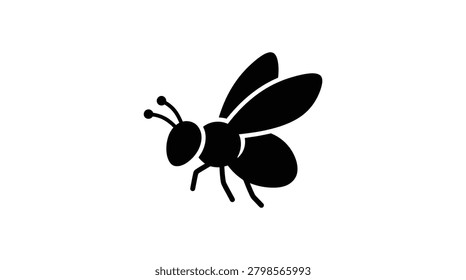 This black and white illustration presents a stylized bee insect against a clean white background. The artwork features solid shapes, emphasizing form and silhouette. Its graphic style suggests vector design with a focus on simplicity. This image is suitable for various commercial purposes, including use in design and educational materials, as well as editorial content.