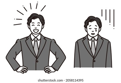 Este es un conjunto de ilustraciones en blanco y negro de un empresario feliz o deprimido.Datos vectoriales para una edición sencilla.