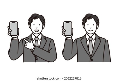 This is a black and white illustration set of a businessman showing his phone.It is vector data that is easy to edit.