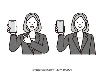 This is a black and white illustration set of a businesswoman showing his phone.It is vector data that is easy to edit.