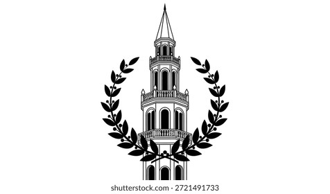 Esta ilustración en blanco y negro muestra un alto edificio de torre, elegantemente enmarcado por una corona de laurel. El diseño minimalista enfatiza la arquitectura de la torre y la belleza ornamental de
