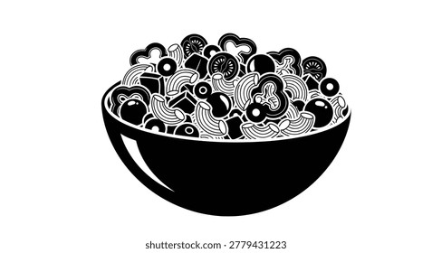 This black and white illustration showcases a generously filled bowl brimming with a delightful mix of pasta and varied vegetable components, creating a visually appealing image.