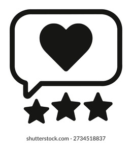 This is a black and white illustration of a speech bubble with a heart inside it and three stars underneath. The speech bubble is outlined in black and the heart and stars are filled in black.
