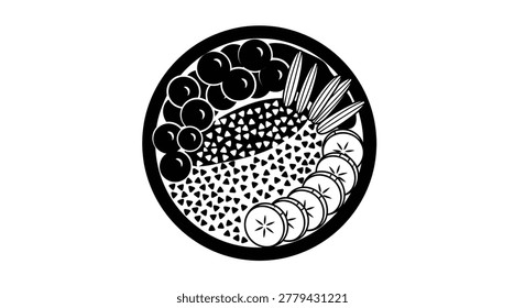 This black and white image depicts a circular bowl artfully arranged with sliced citrus, berries, radish, seeds, and a patterned base, creating a simple, modern food illustration.