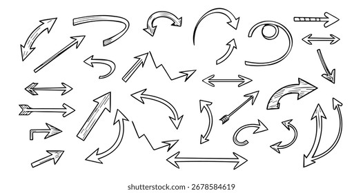This black and white image features a variety of hand-drawn, diverse doodle arrows pointing in different directions, showcasing various shapes and styles on a clean background for design elements