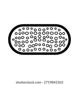 Esta imagem em preto e branco apresenta um contorno em forma de pílula preenchido com inúmeros pequenos círculos ocos. Representa produtos farmacêuticos ou ícones médicos em um estilo minimalista.