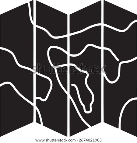 this is a black and white image of a folded map. the map has white lines on it, which could be roads or paths. the background is white, making the map stand out clearly.